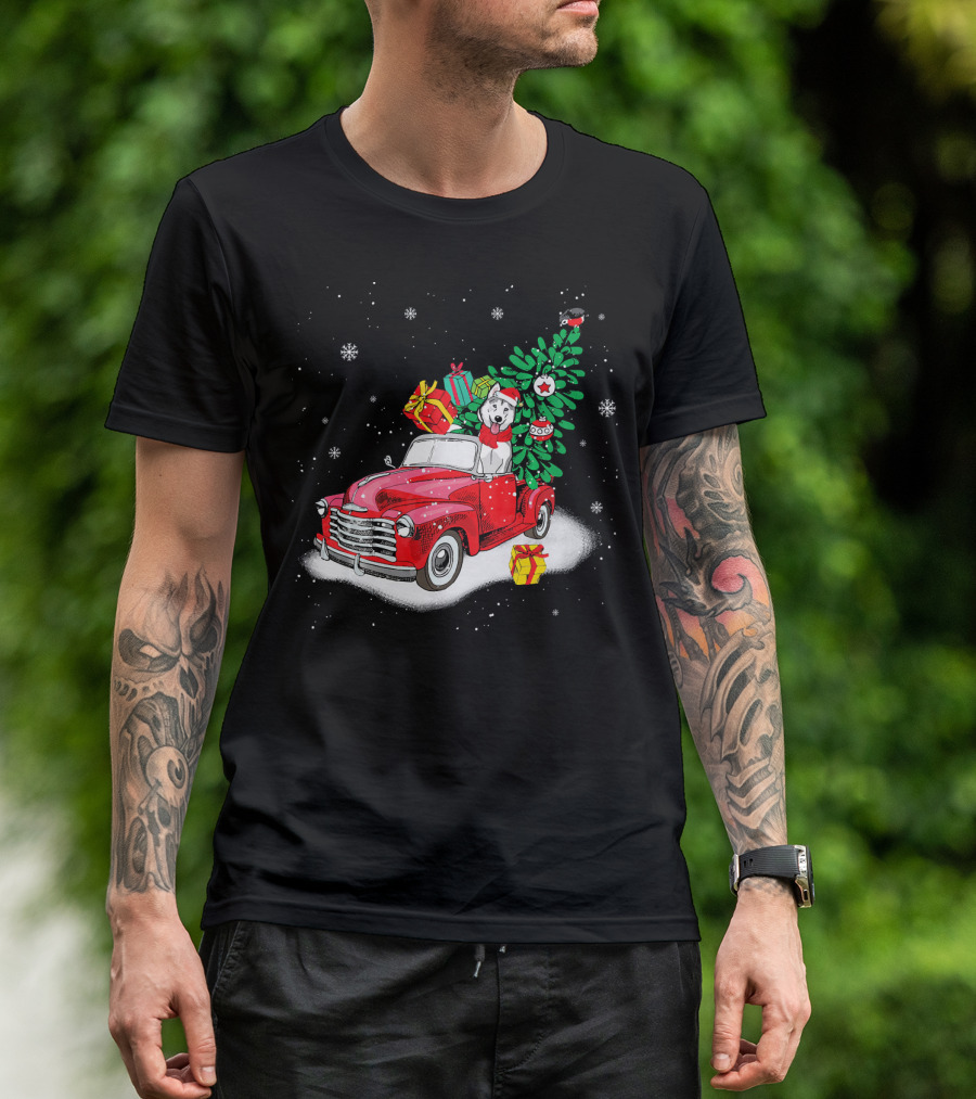 Husky Santa With Presents In Snowy Red Truck Carrying Christmas Tree T-Shirt