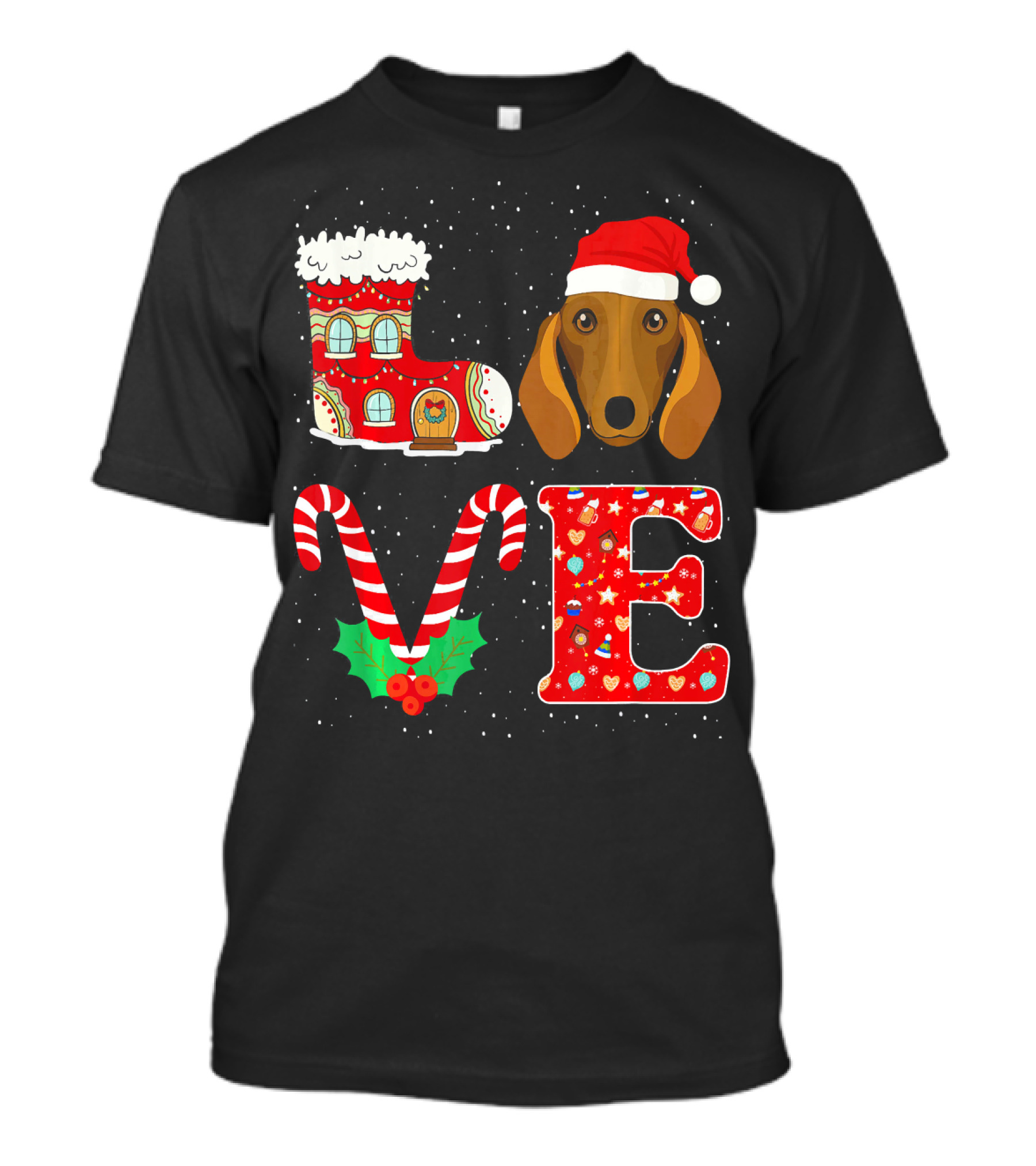 I Love Dachshund Christmas Santa Hat Boot Candy Cane Hollys E T-Shirt