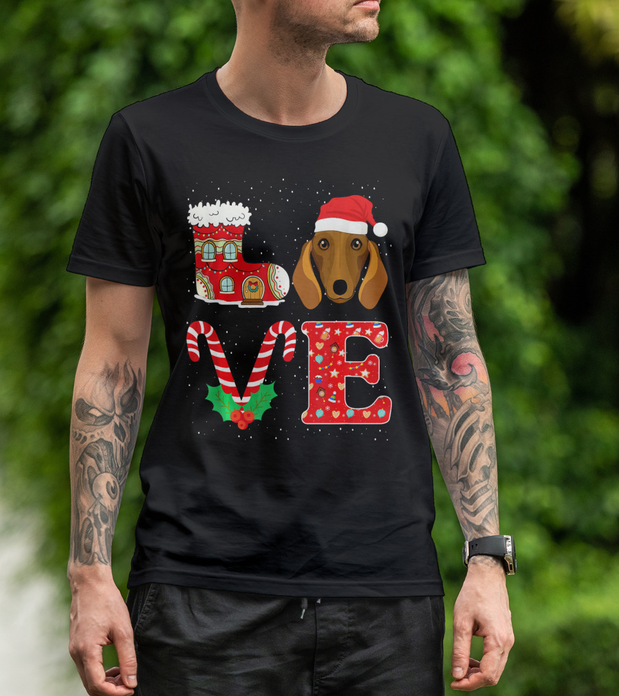 I Love Dachshund Christmas Santa Hat Boot Candy Cane Hollys E T-Shirt