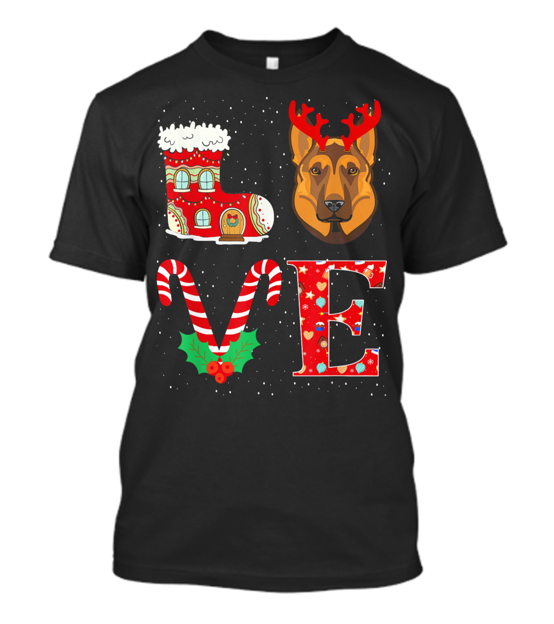 LOVE Christmas German Shepherd Reindeer Horns Holiday Boot And Candy Canes T-Shirt