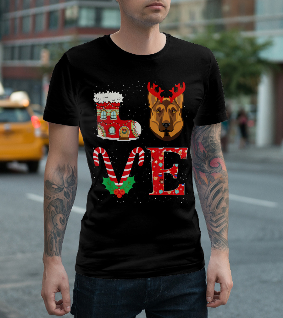 LOVE Christmas German Shepherd Reindeer Horns Holiday Boot And Candy Canes T-Shirt