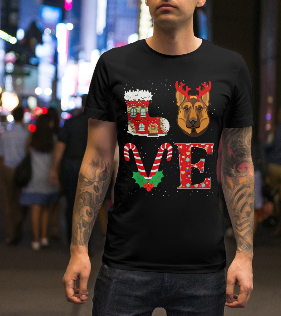LOVE Christmas German Shepherd Reindeer Horns Holiday Boot And Candy Canes T-Shirt