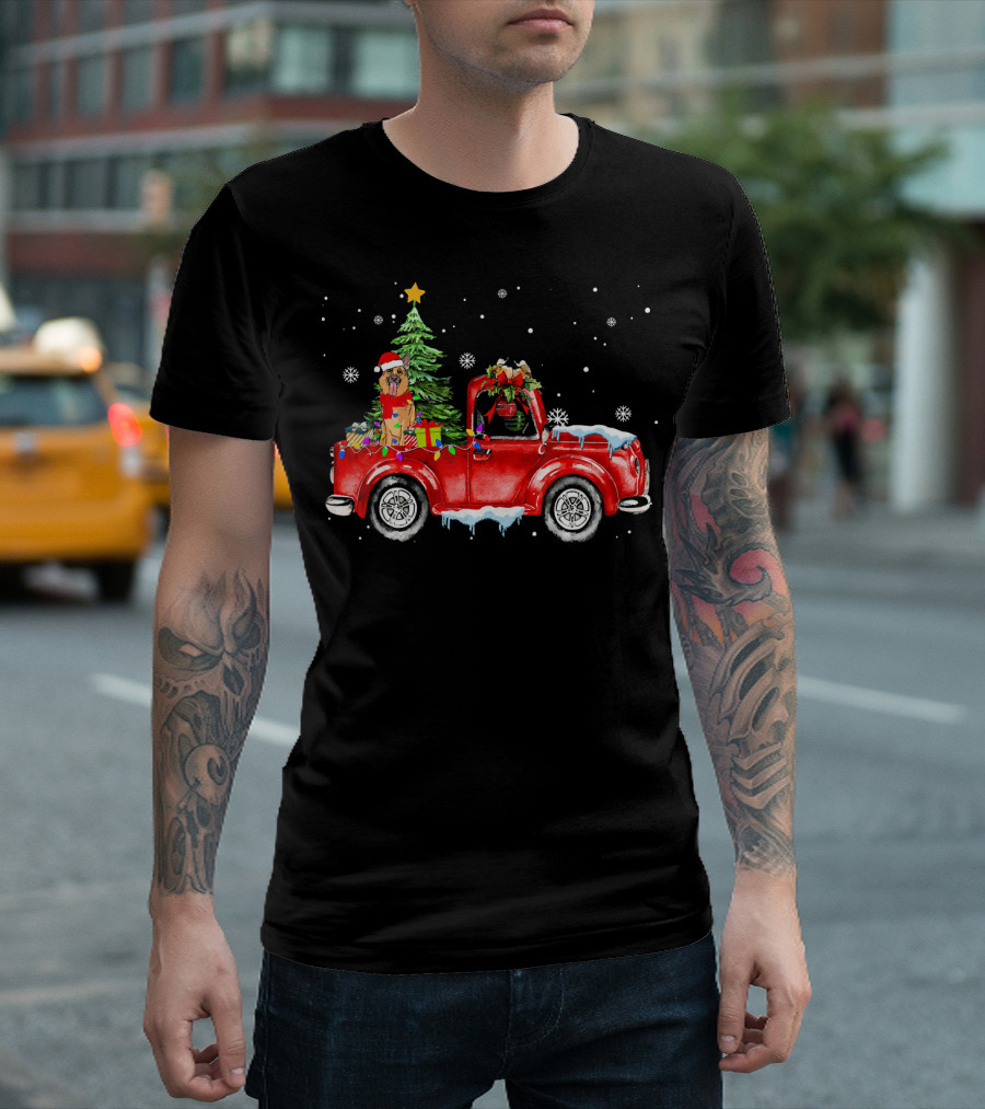 German Shepherd Dog Christmas Red Truck Rides T-Shirt