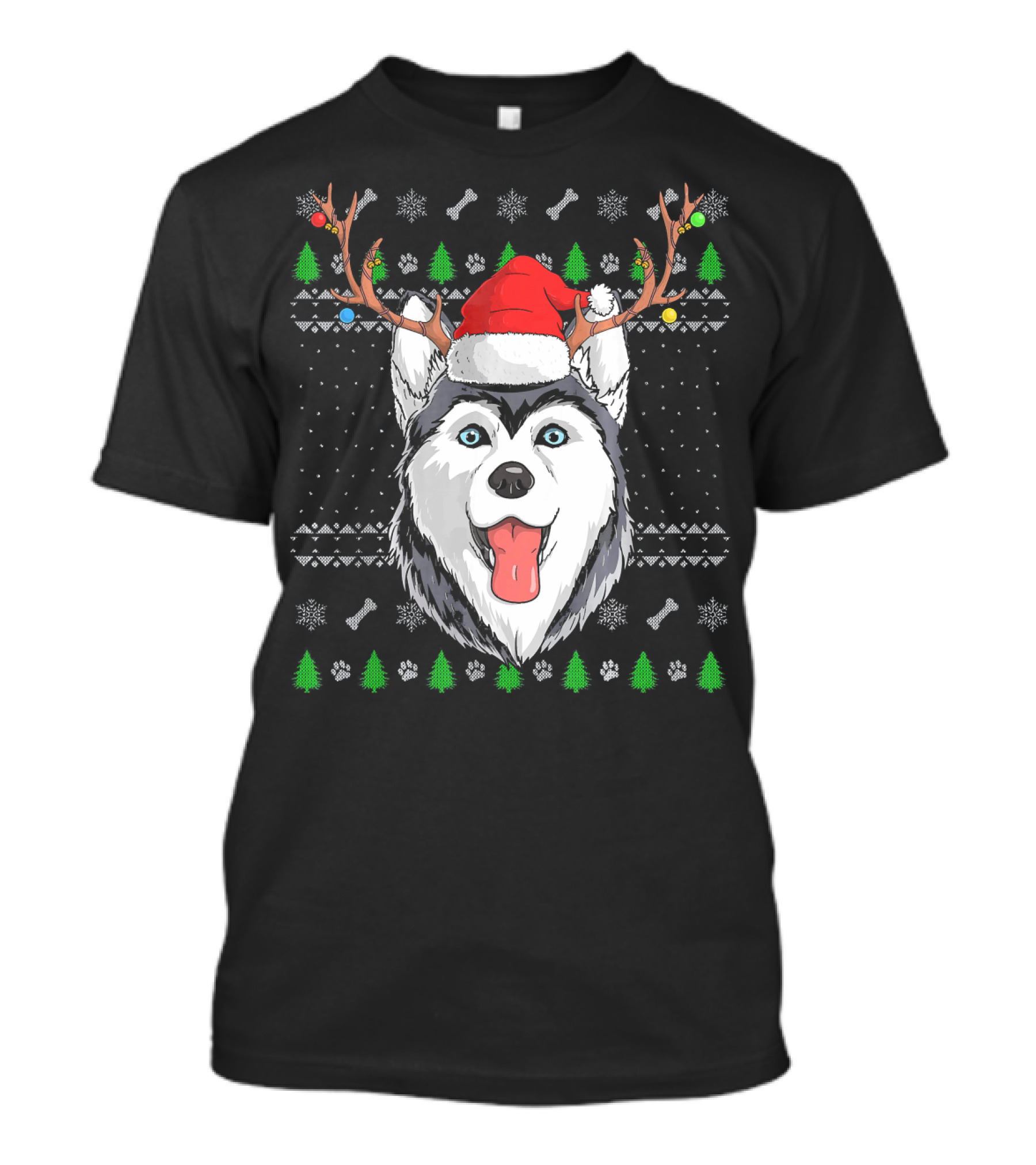 Husky Dog Santa Claus Hat Antlers Christmas Trees Snowflakes Paw Prints T-Shirt