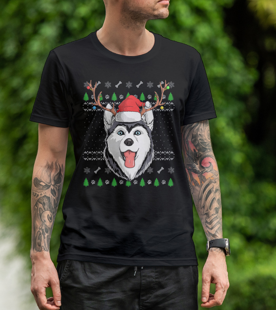 Husky Dog Santa Claus Hat Antlers Christmas Trees Snowflakes Paw Prints T-Shirt