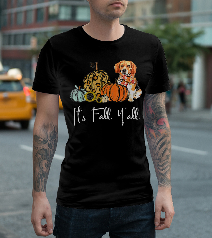 It's Fall Y'all Pumpkin Beagle with Autumn Scarf and Sunflowers T-Shirt
