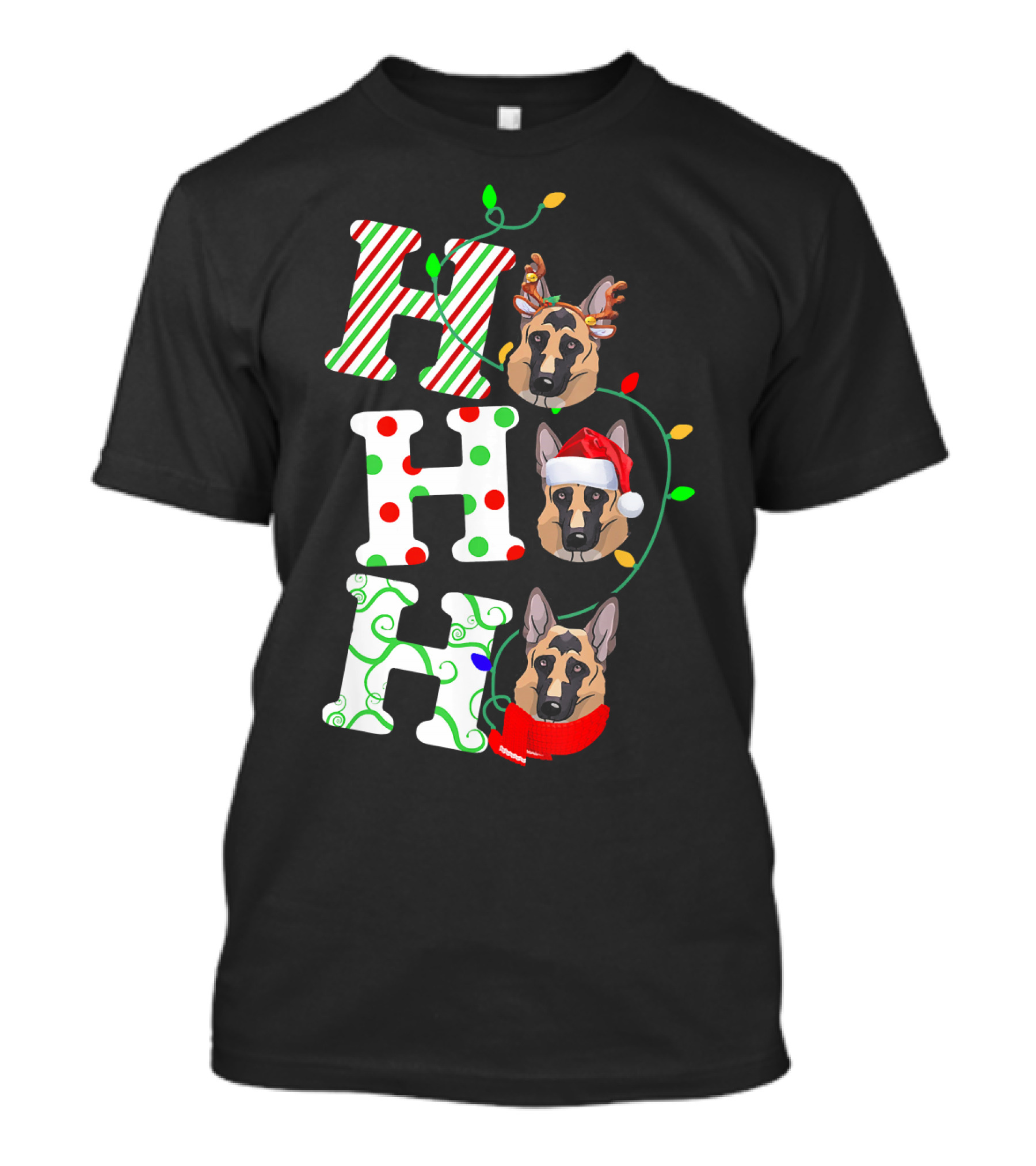 German Shepherd Ho Ho Ho Santa Hat Christmas Lights Holiday T-Shirt