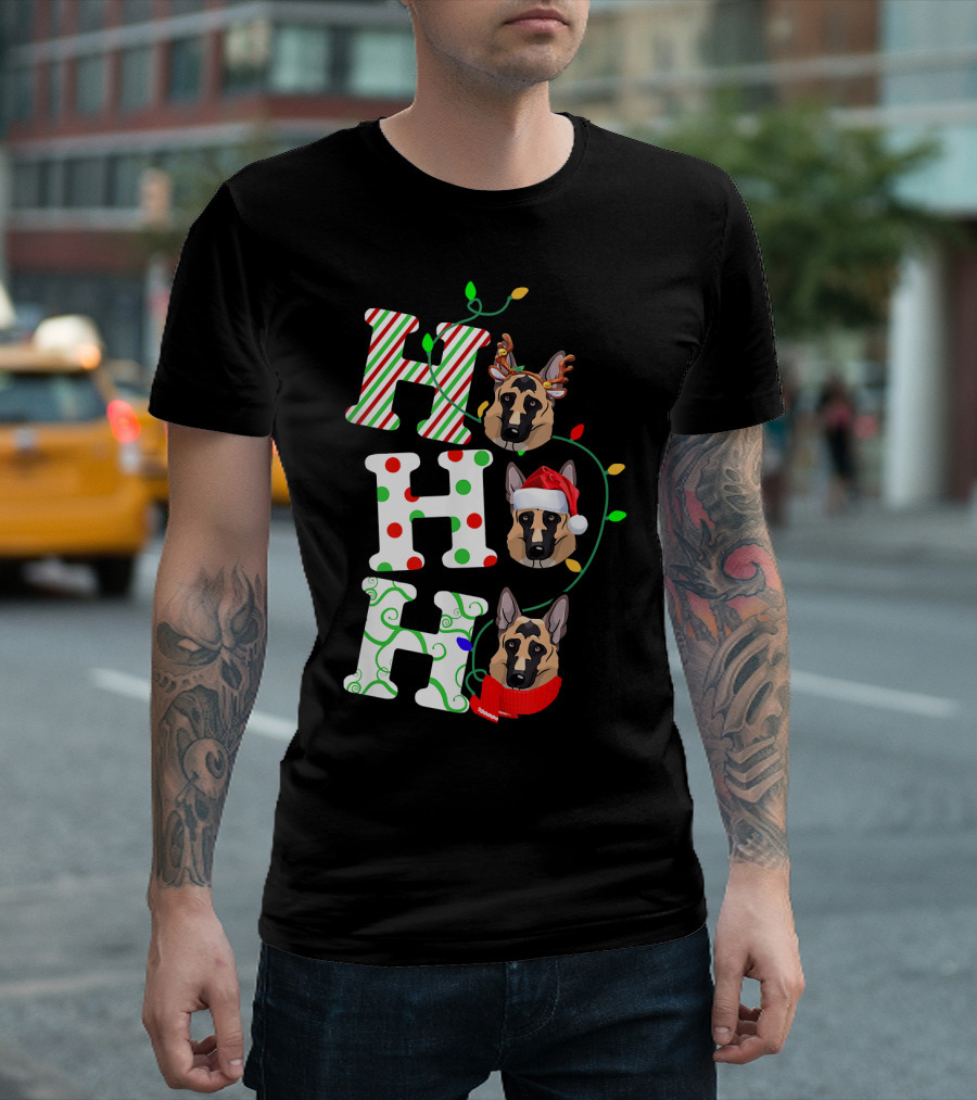 German Shepherd Ho Ho Ho Santa Hat Christmas Lights Holiday T-Shirt