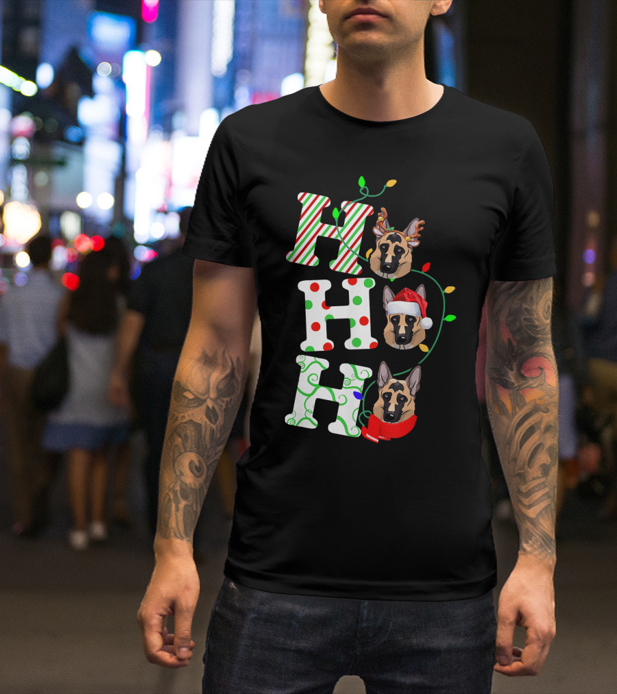 German Shepherd Ho Ho Ho Santa Hat Christmas Lights Holiday T-Shirt