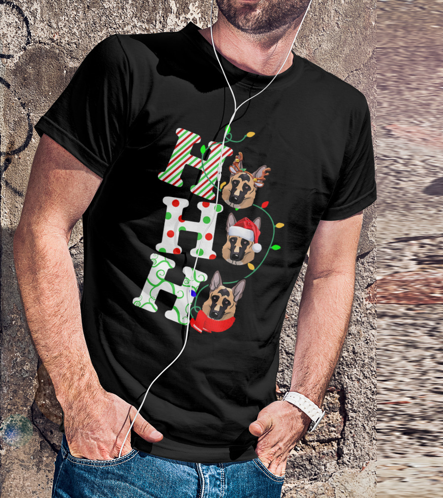 German Shepherd Ho Ho Ho Santa Hat Christmas Lights Holiday T-Shirt