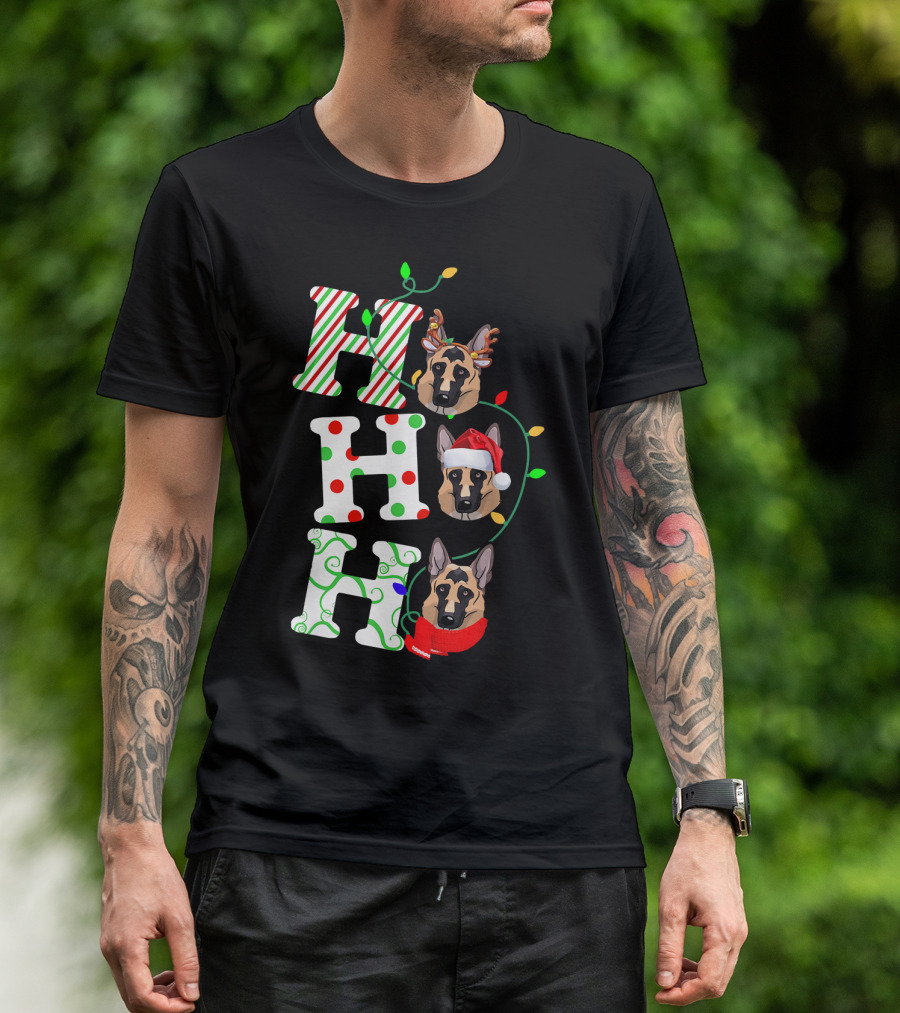 German Shepherd Ho Ho Ho Santa Hat Christmas Lights Holiday T-Shirt