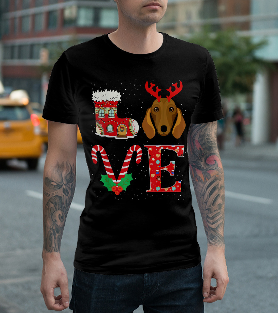 Love Dachshund Reindeer Candy Cane Boot Chris T-Shirt
