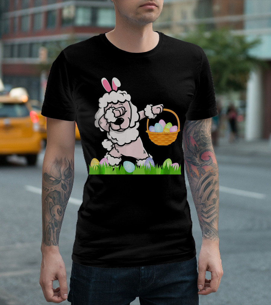 Happy Poodle Bunny Dabbing with Easter Egg Basket in Grass T-Shirt