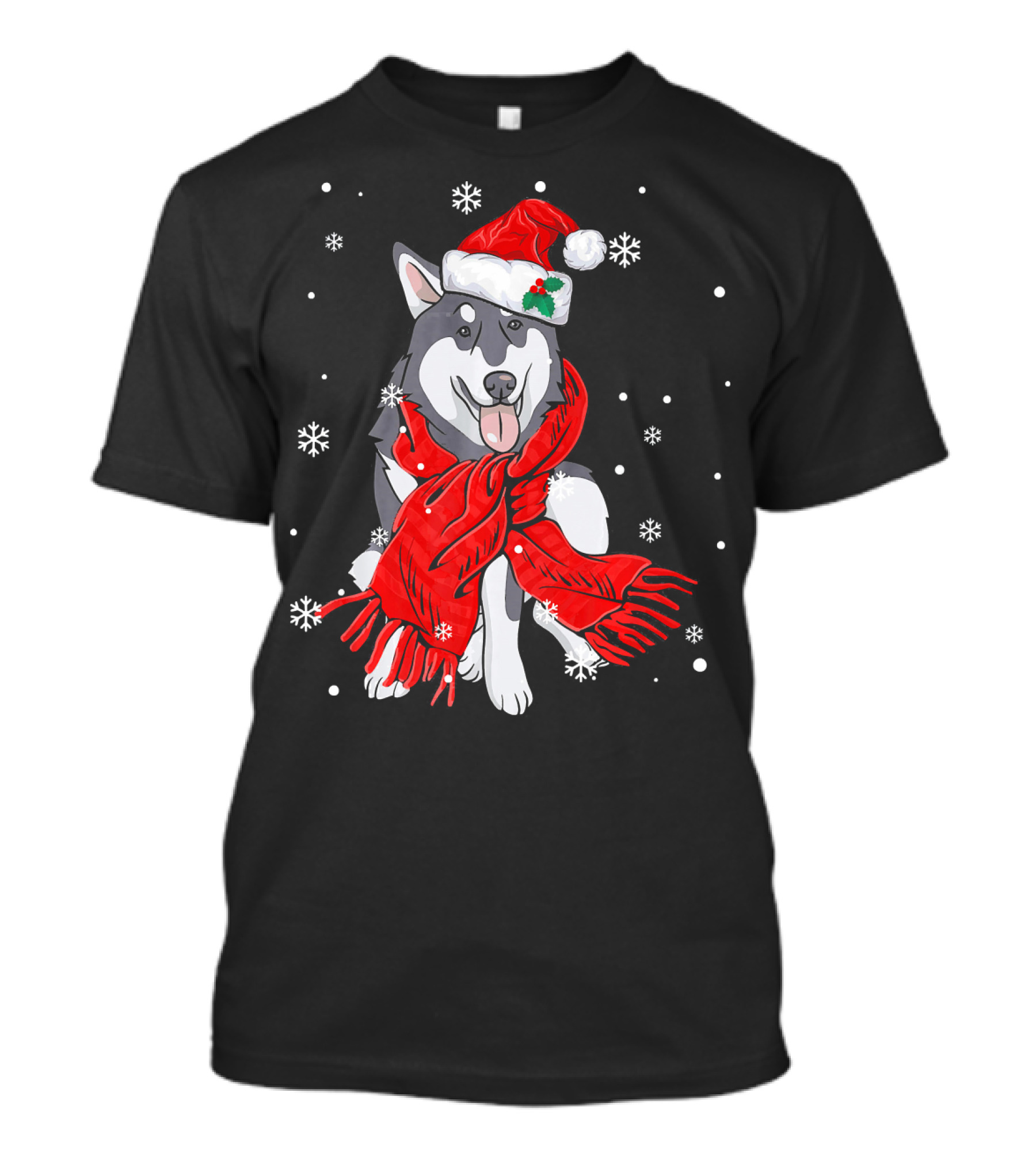 Husky In Santa Hat With Red Scarf And Snowflakes T-Shirt