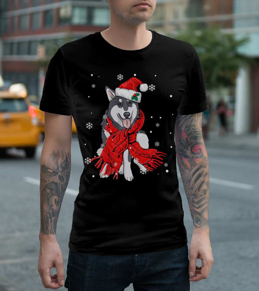 Husky In Santa Hat With Red Scarf And Snowflakes T-Shirt