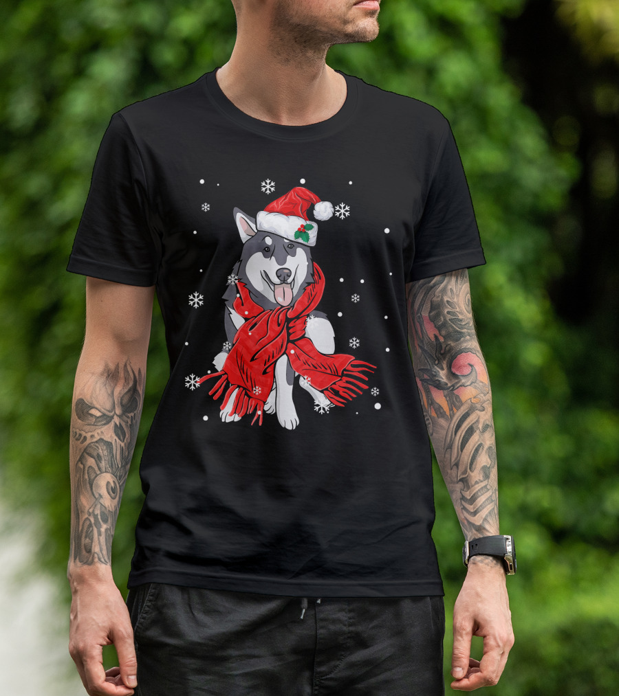 Husky In Santa Hat With Red Scarf And Snowflakes T-Shirt