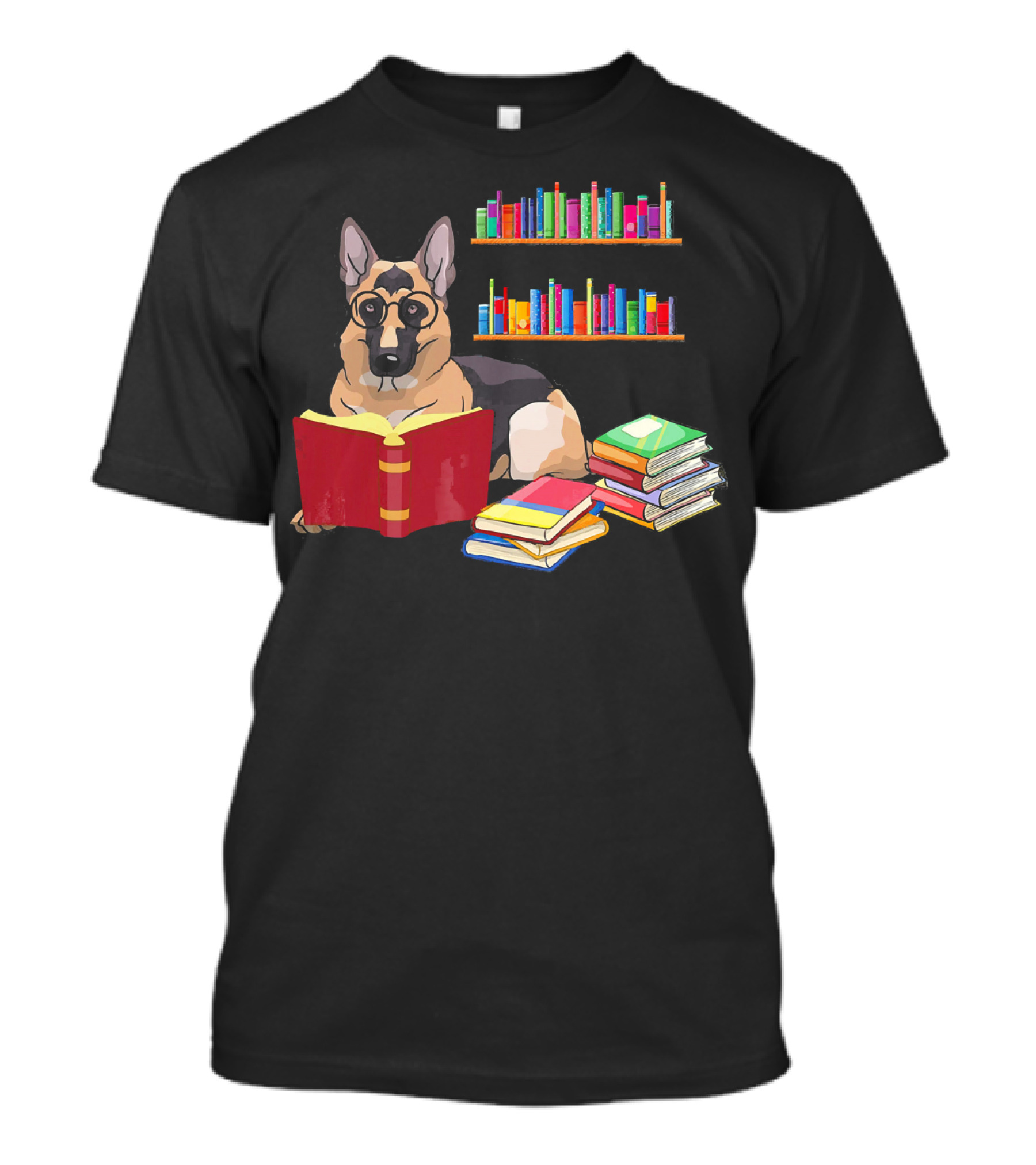 German Shepherd With Glasses Reading Stacked Books And Colorful Bookshelves T-Shirt