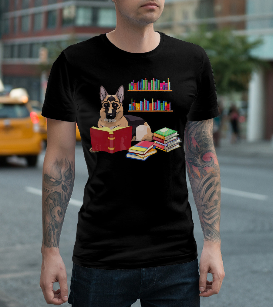 German Shepherd With Glasses Reading Stacked Books And Colorful Bookshelves T-Shirt