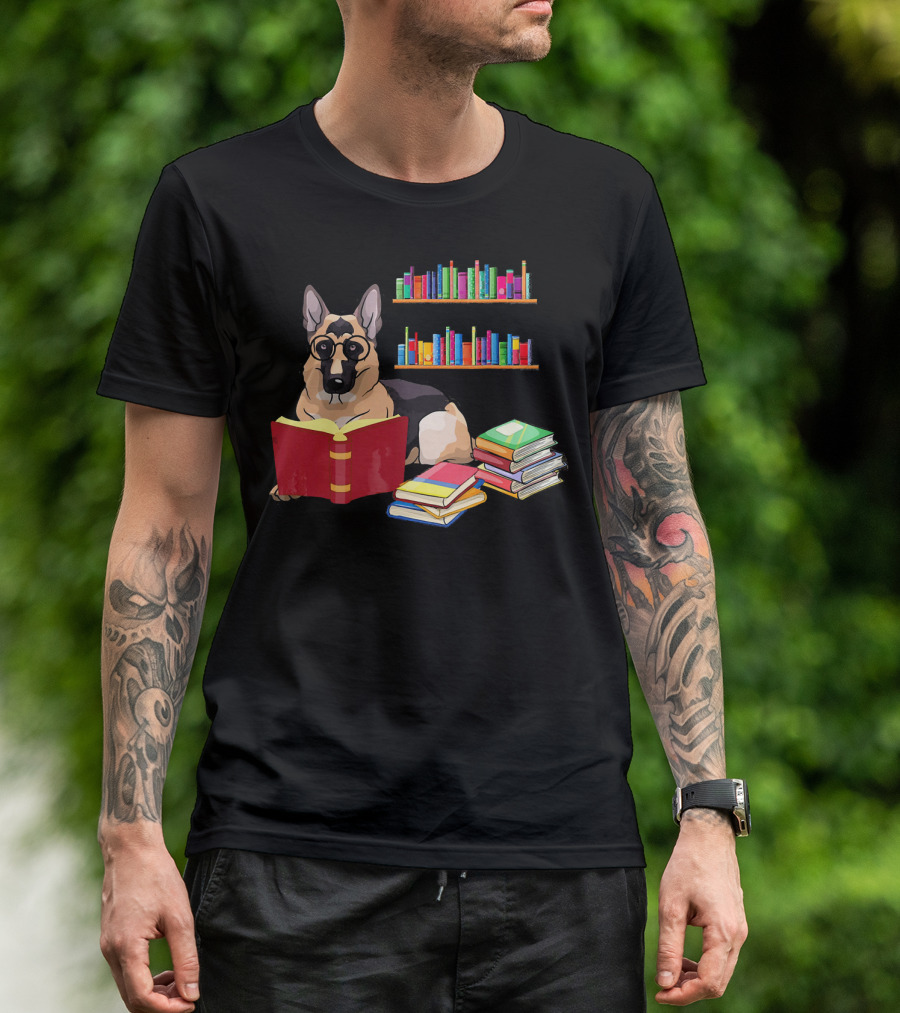 German Shepherd With Glasses Reading Stacked Books And Colorful Bookshelves T-Shirt