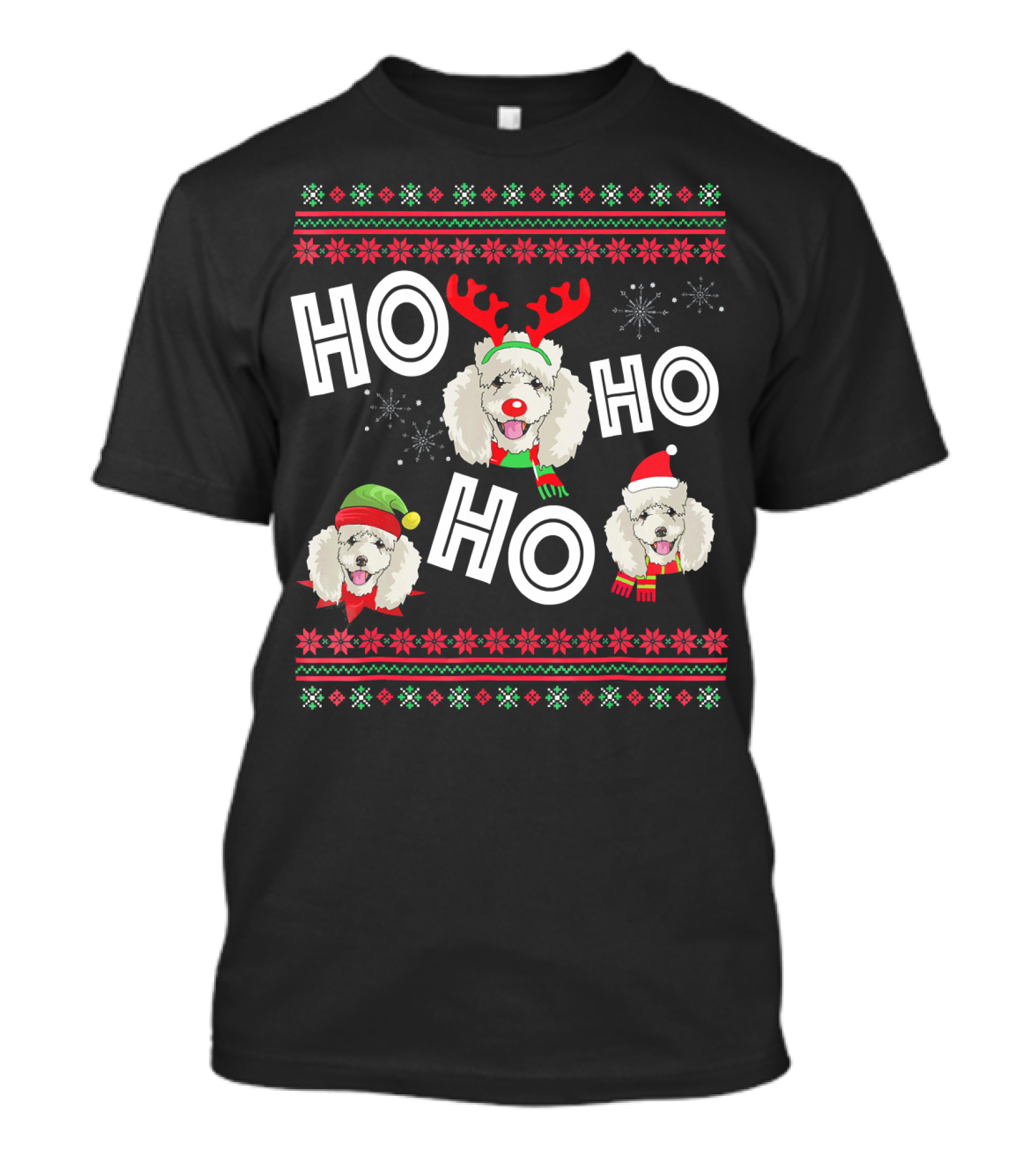 HO HO HO Poodle Funny Dog Christmas Reindeer Antlers Santa Hat Snowflakes T-Shirt