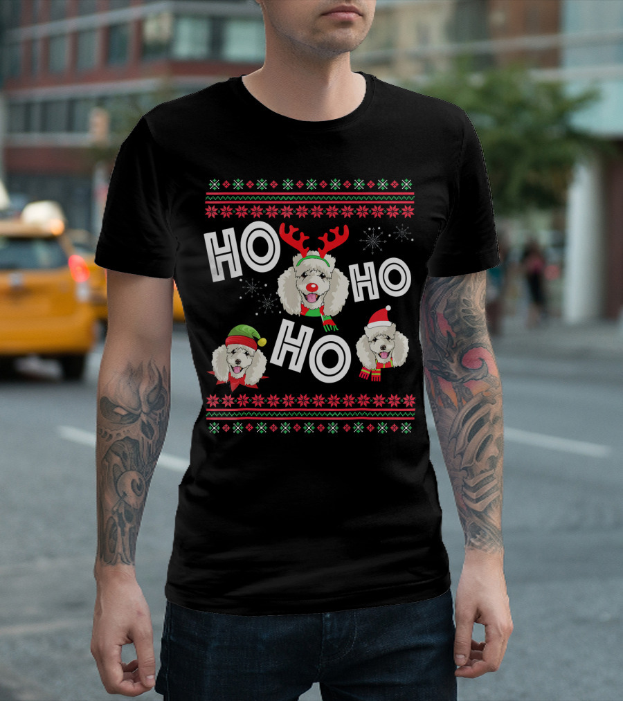 HO HO HO Poodle Funny Dog Christmas Reindeer Antlers Santa Hat Snowflakes T-Shirt