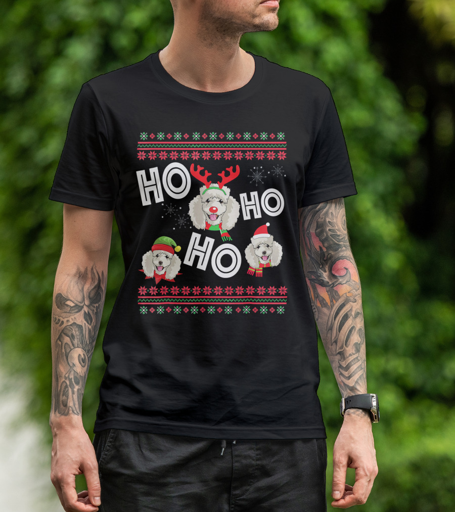 HO HO HO Poodle Funny Dog Christmas Reindeer Antlers Santa Hat Snowflakes T-Shirt