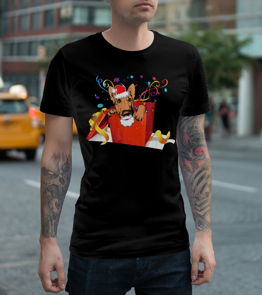 German Shepherd Christmas Santa Hat in Present Box with Colorful Ribbons and Stars T-Shirt
