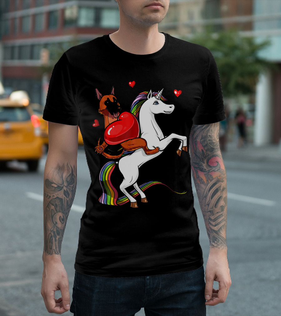 German Shepherd Hugging Heart Riding Unicorn with Rainbow Mane Valentine T-Shirt