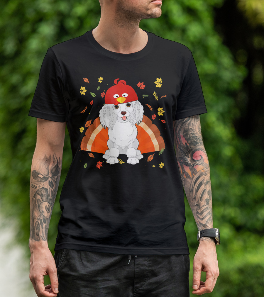 Funny Thanksgiving Turkey Hat Poodle Surrounded By Autumn Leaves T-Shirt