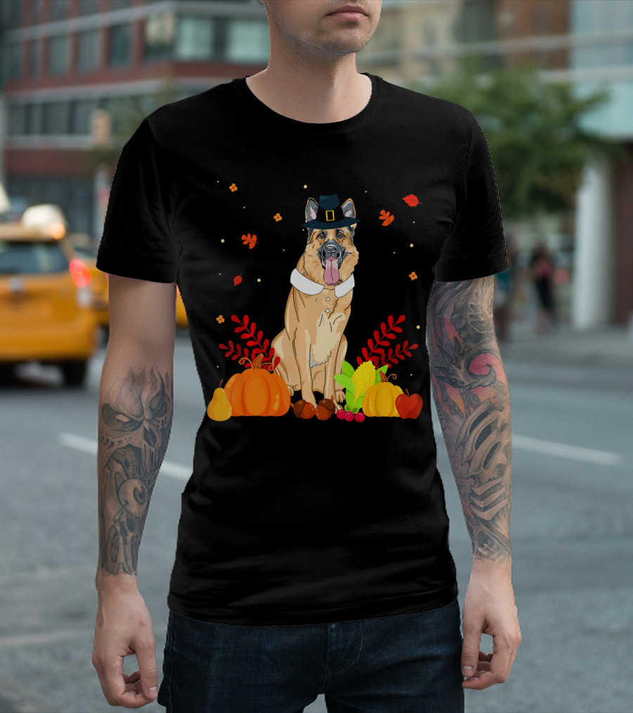 German Shepherd Thanksgiving Costume with Pilgrim Hat and Harvest Autumn Elements T-Shirt