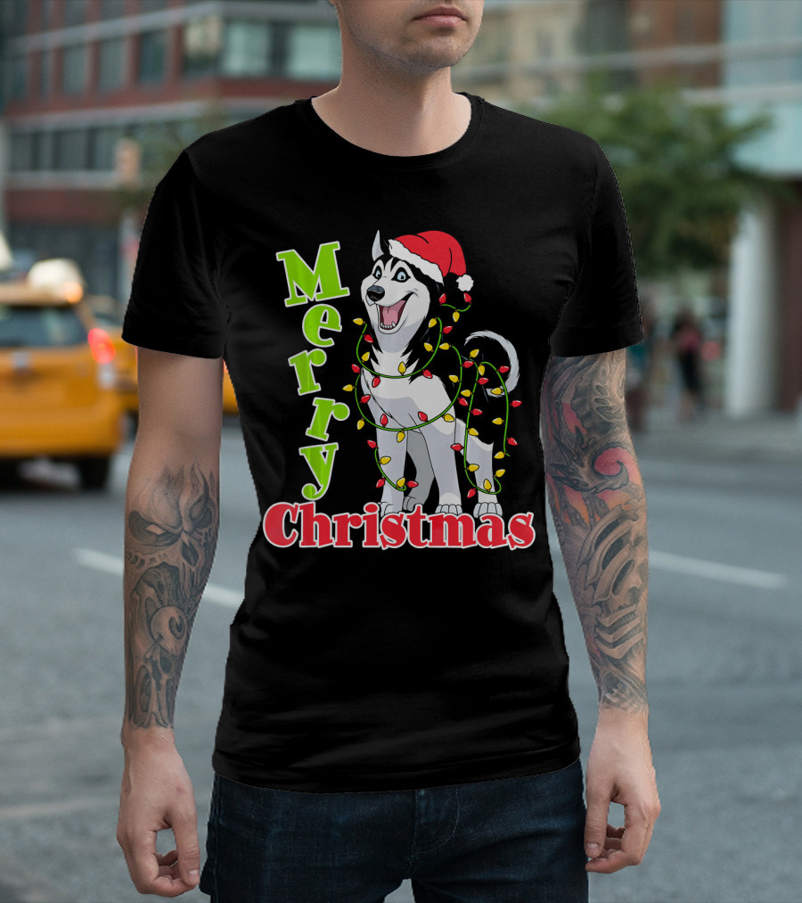 Merry Christmas Husky Wrapped in Festive Lights with Santa Hat T-Shirt
