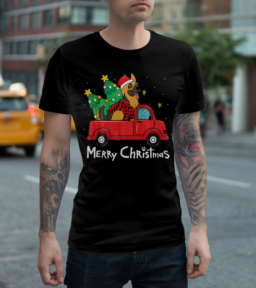 Merry Christmas German Shepherd Red Truck Holiday Scene T-Shirt