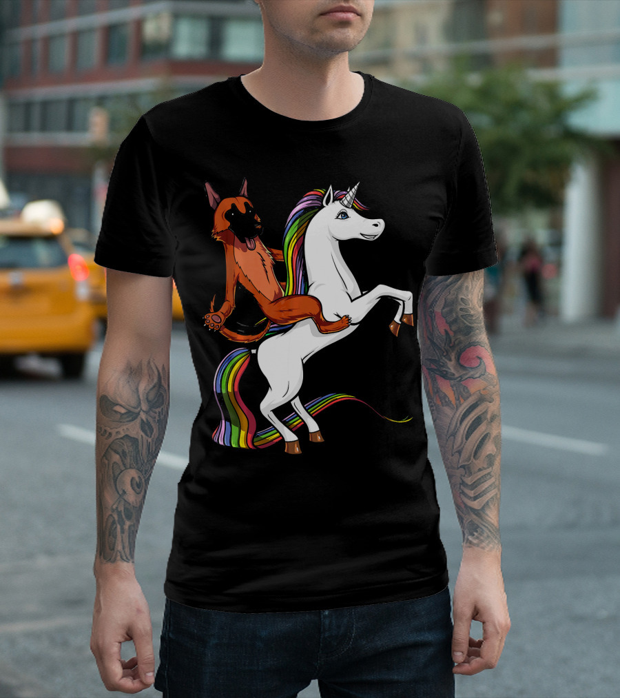 German Shepherd Dog Riding Unicorn with Rainbow Mane and Tail T-Shirt
