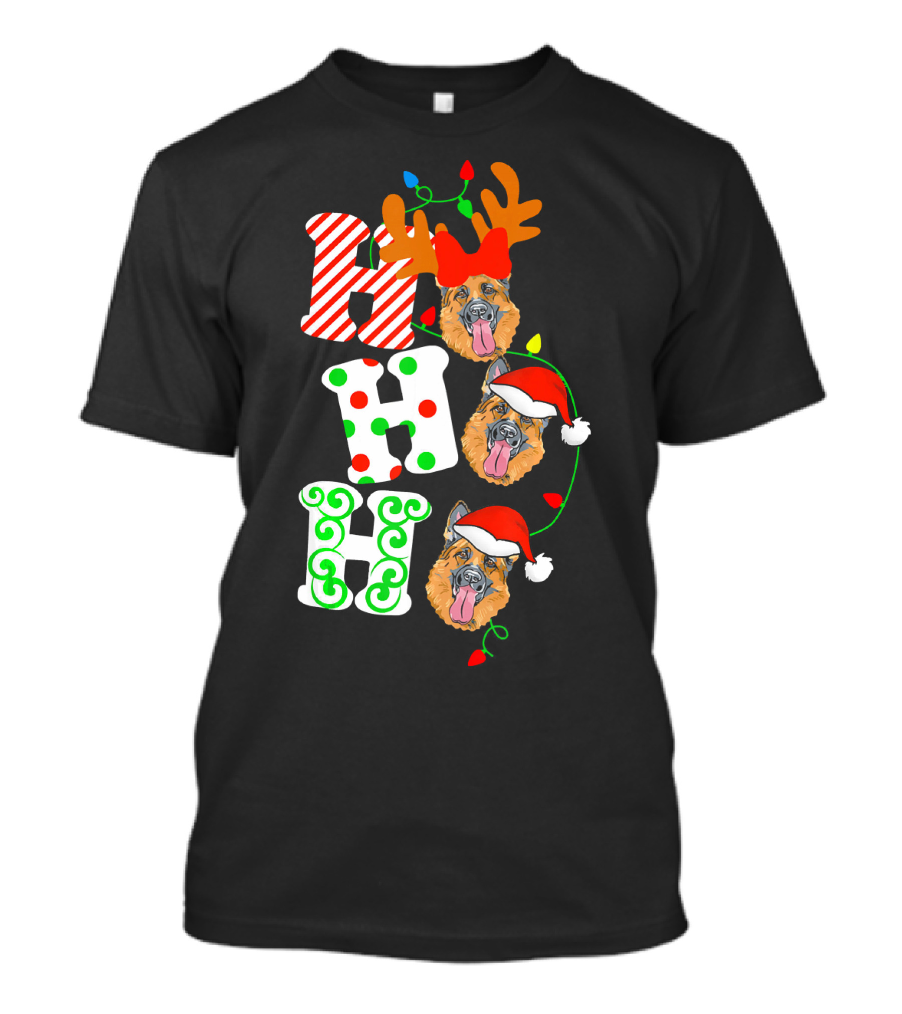 Ho Ho Ho German Shepherd Dog Reindeer Santa Christmas Lights T-Shirt