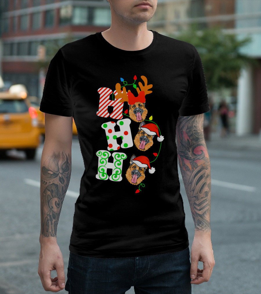 Ho Ho Ho German Shepherd Dog Reindeer Santa Christmas Lights T-Shirt
