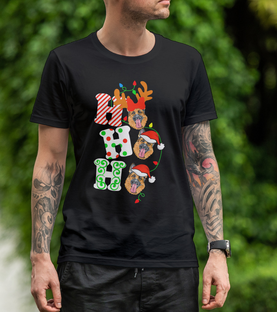 Ho Ho Ho German Shepherd Dog Reindeer Santa Christmas Lights T-Shirt