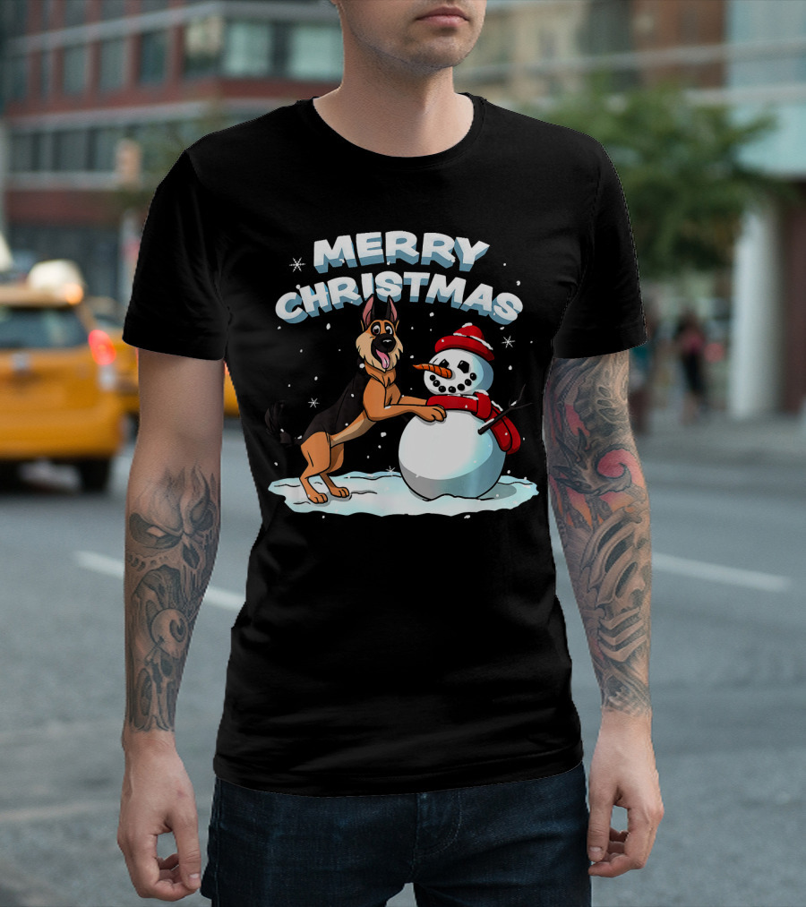 Merry Christmas German Shepherd and Snowman T-Shirt