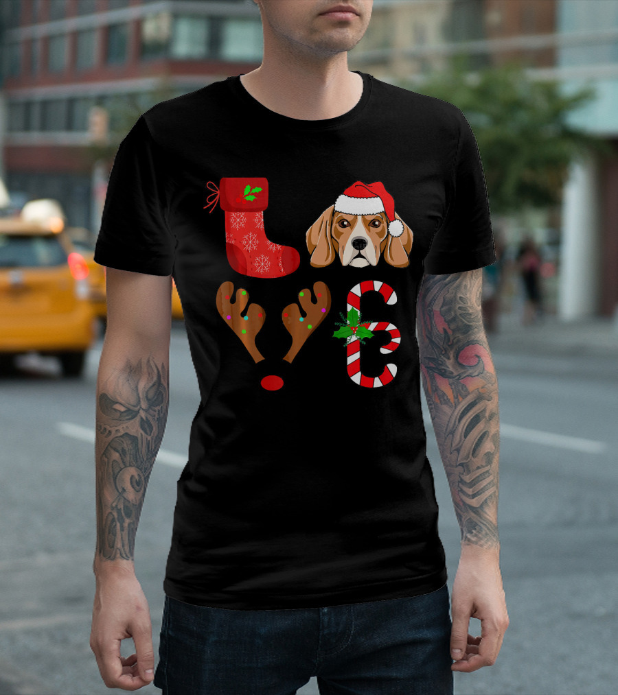I Love My Beagle Christmas Holiday Festive Dog Santa Hat Candy Cane Stocking Antlers T-Shirt
