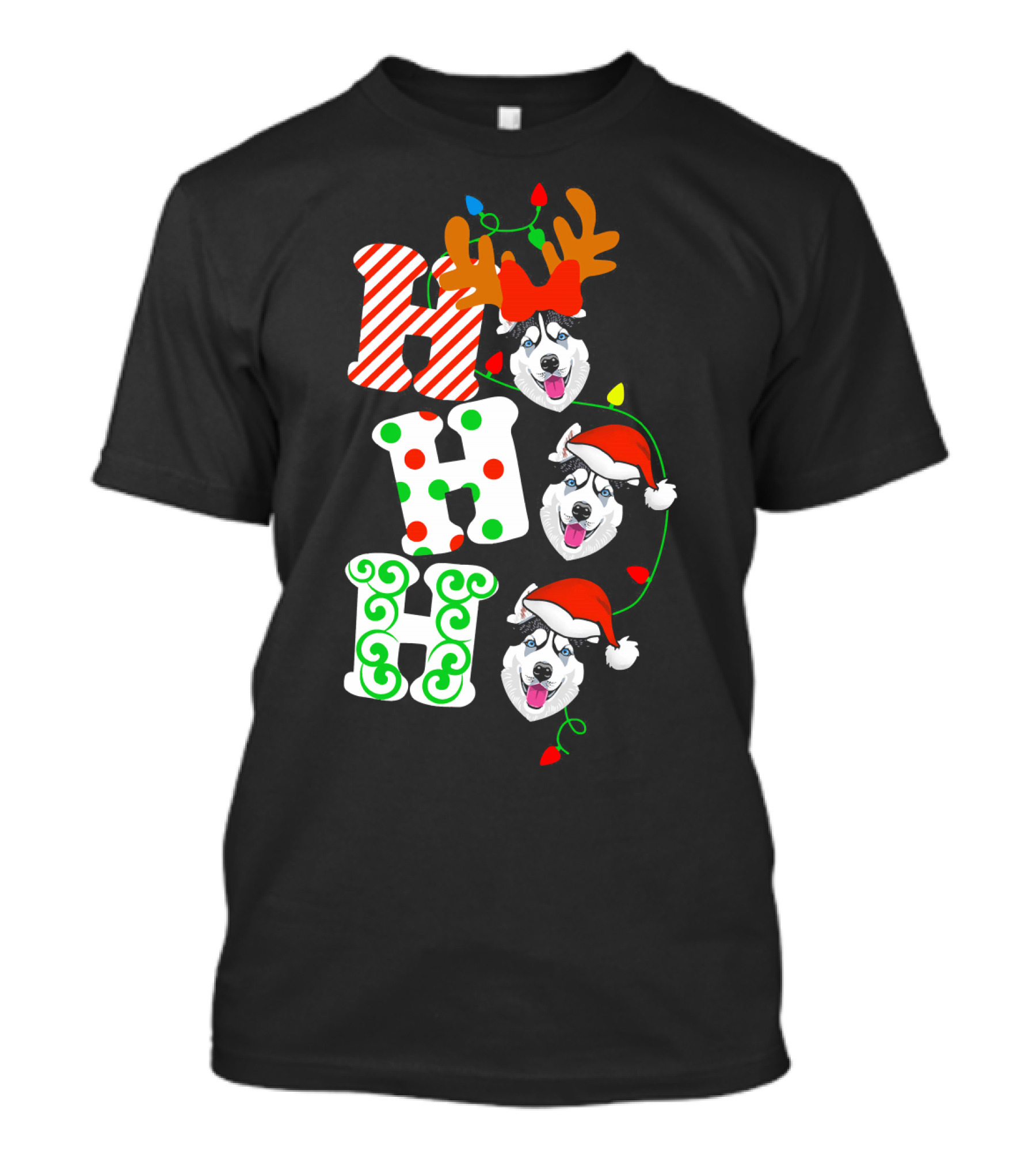 Ho Ho Ho Husky Dog Santa Reindeer Christmas Lights T-Shirt
