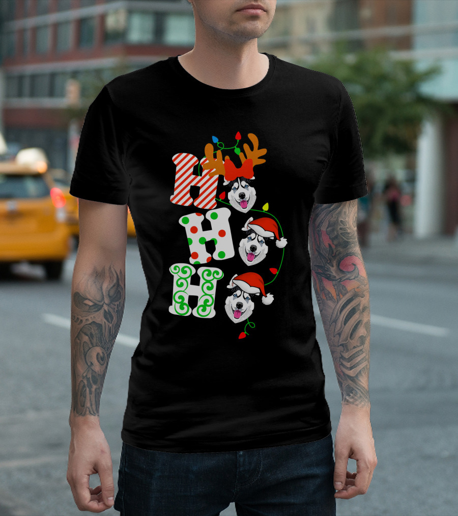 Ho Ho Ho Husky Dog Santa Reindeer Christmas Lights T-Shirt