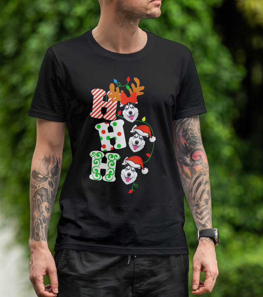 Ho Ho Ho Husky Dog Santa Reindeer Christmas Lights T-Shirt