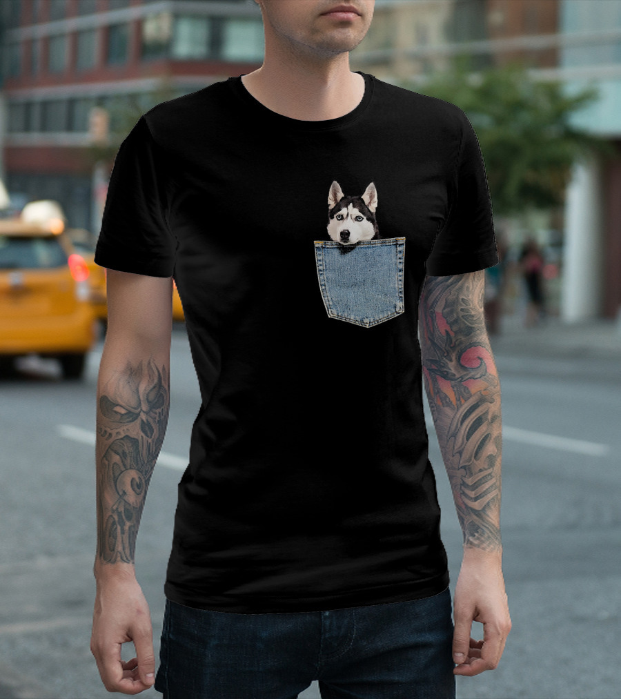 Peeking Husky In Denim Pocket T-Shirt