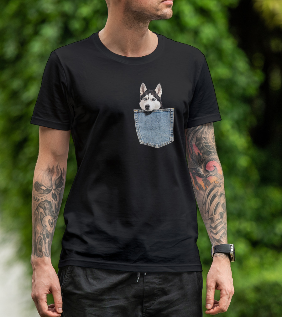 Peeking Husky In Denim Pocket T-Shirt