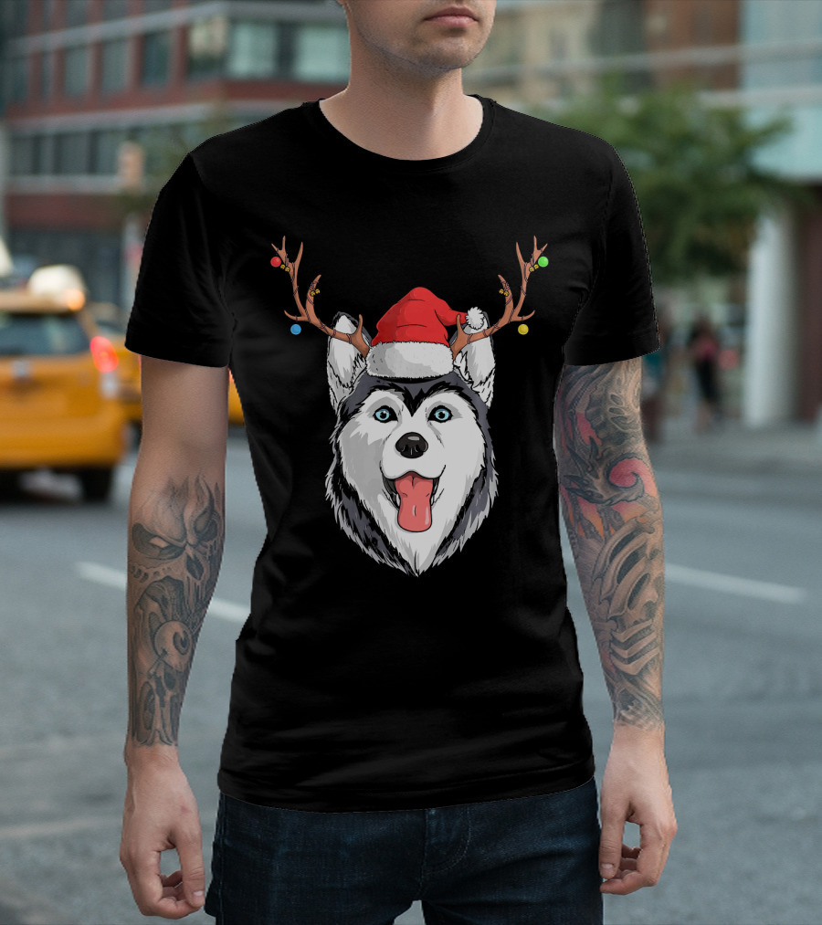 Husky Dog with Reindeer Antlers and Santa Claus Hat T-Shirt