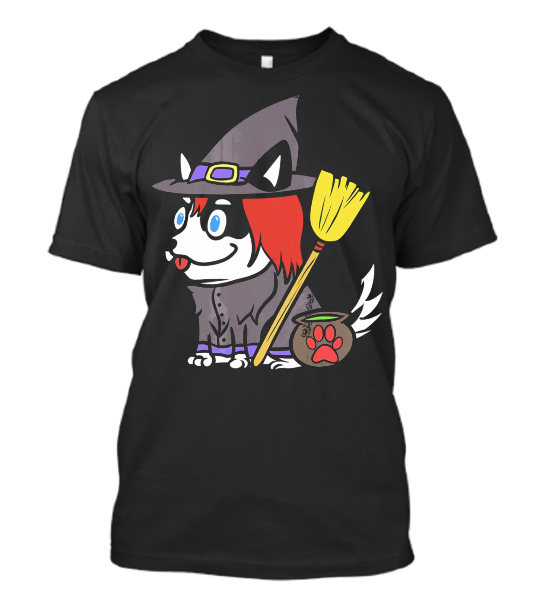Husky Witch With Broom And Cauldron T-Shirt