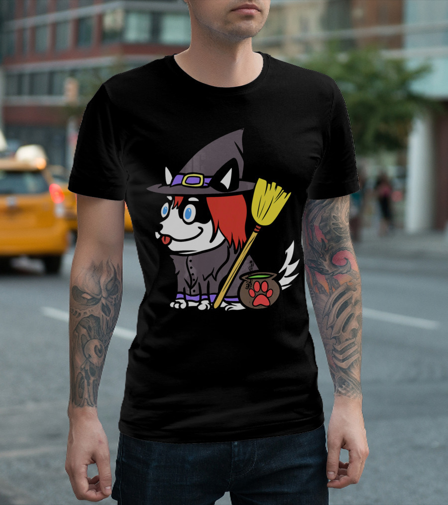 Husky Witch With Broom And Cauldron T-Shirt