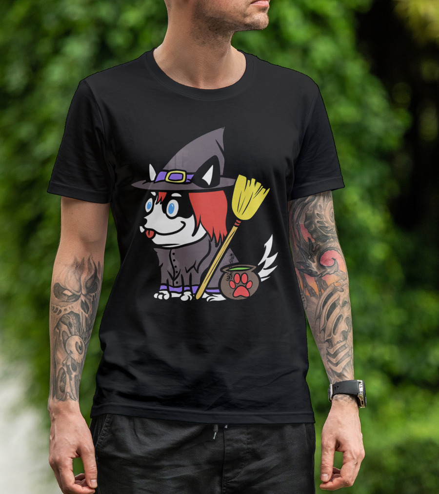 Husky Witch With Broom And Cauldron T-Shirt