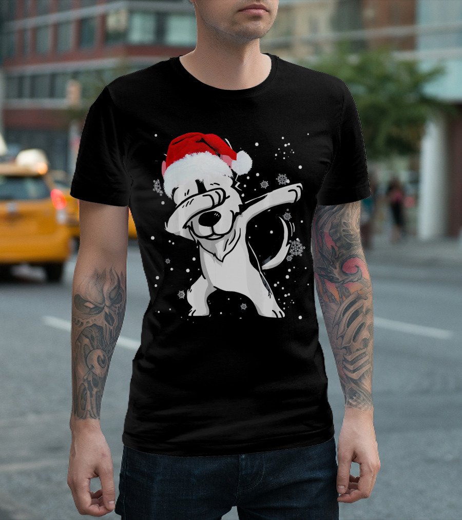 Husky Sibir Dabbing Christmas Dog Santa Hat Snowflakes T-Shirt