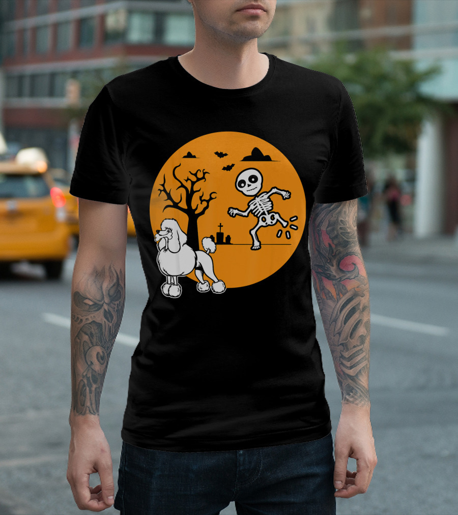 Funny Poodle Skeleton Bone Halloween Cos Graveyard Moon Scene T-Shirt