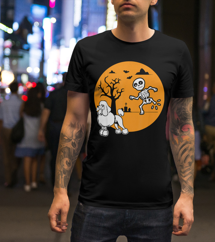 Funny Poodle Skeleton Bone Halloween Cos Graveyard Moon Scene T-Shirt